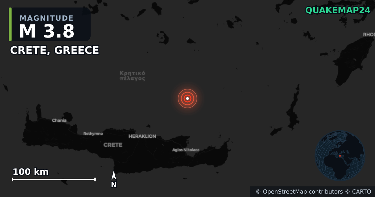 M3.8 earthquake near CRETE, GREECE on Jul 18, 2025 — map of epicenter and shaking intensity | QuakeMap24