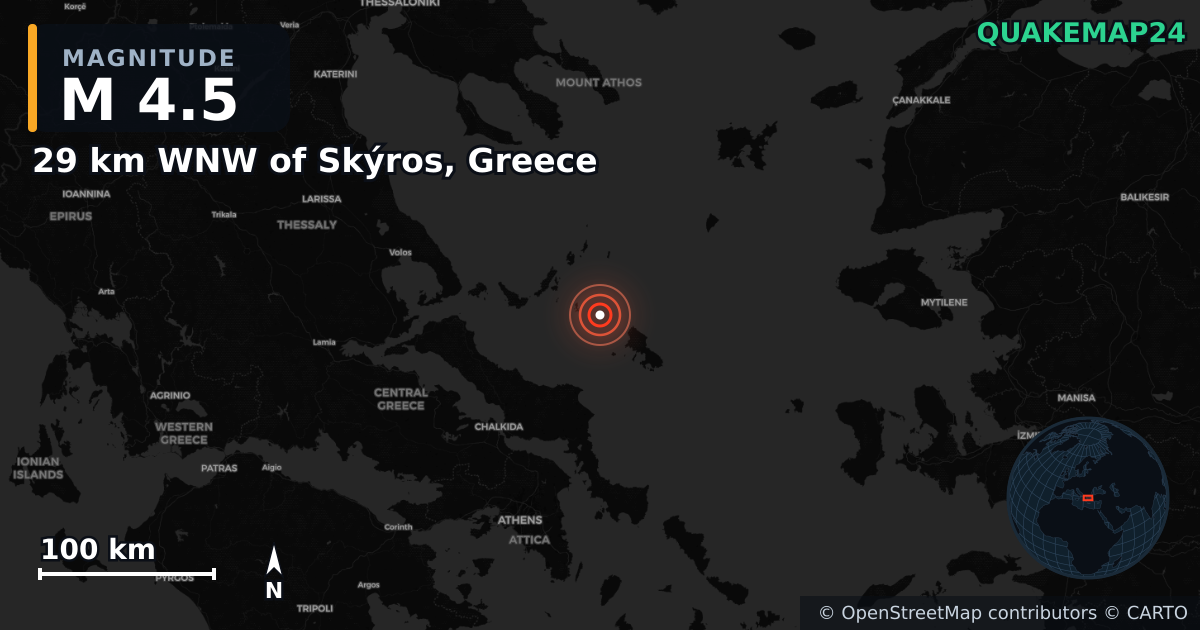 M4.5 earthquake near 29 km WNW of Skýros, Greece on Nov 17, 2025 — map of epicenter and shaking intensity | QuakeMap24