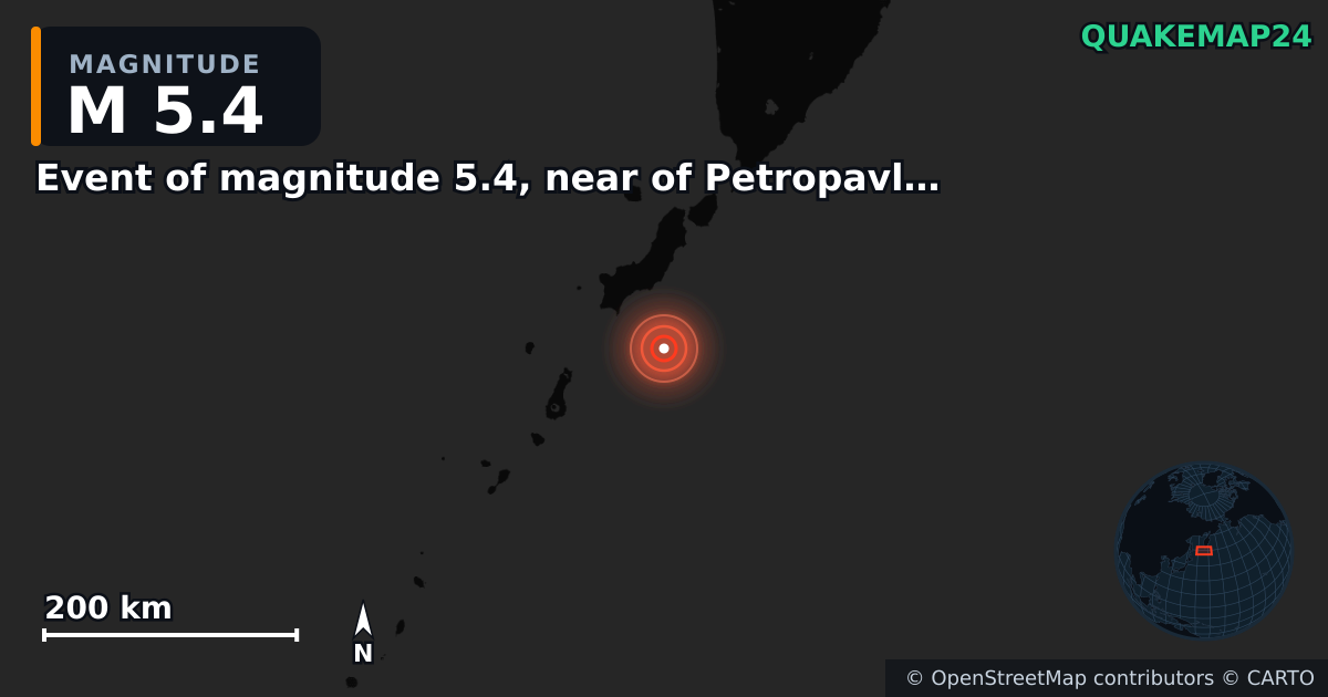 M5.4 earthquake near Event of magnitude 5.4, near of Petropavlovsk Kamchatskiy (Monde) on Nov 4, 2025 — map of epicenter and shaking intensity | QuakeMap24