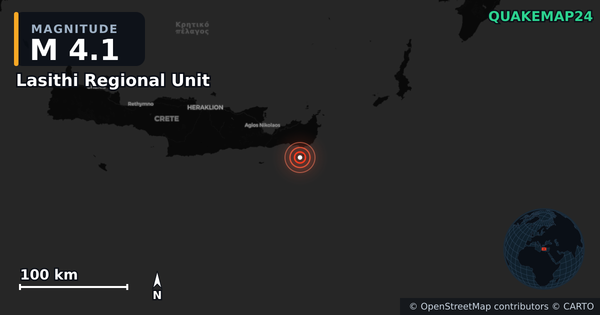 M4.1 earthquake near Lasithi Regional Unit on Apr 25, 2026 — map of epicenter and shaking intensity | QuakeMap24