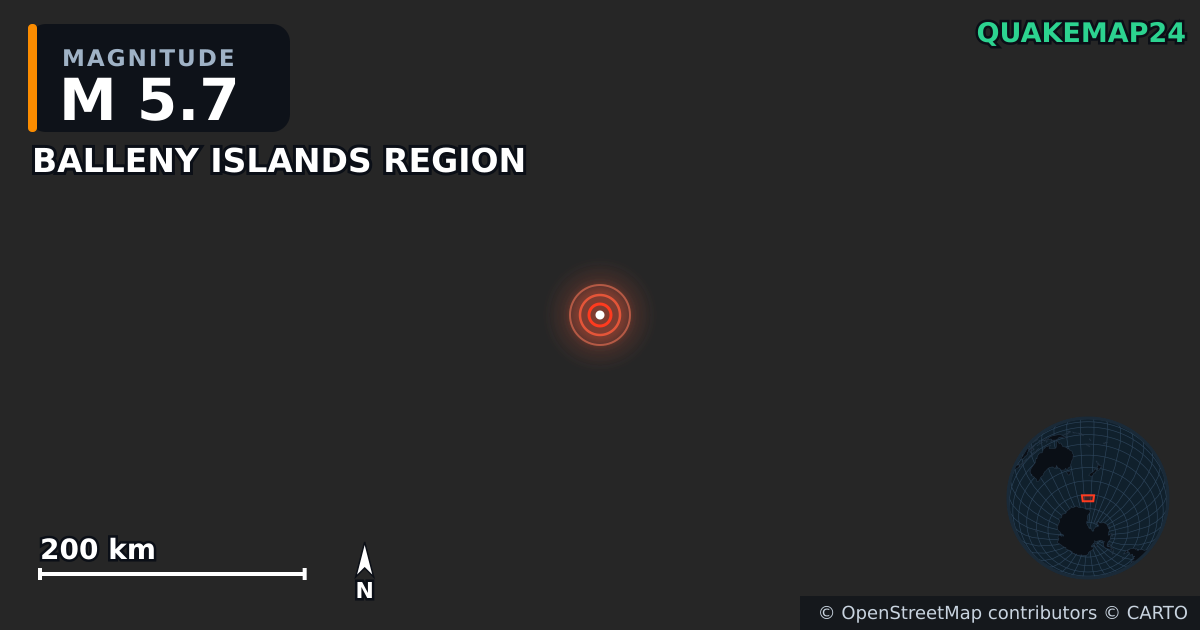 M5.7 earthquake near BALLENY ISLANDS REGION on Apr 21, 2026 — map of epicenter and shaking intensity | QuakeMap24