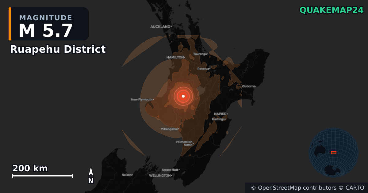 M5.7 earthquake near Ruapehu District on Jul 24, 2026 — map of epicenter and shaking intensity | QuakeMap24