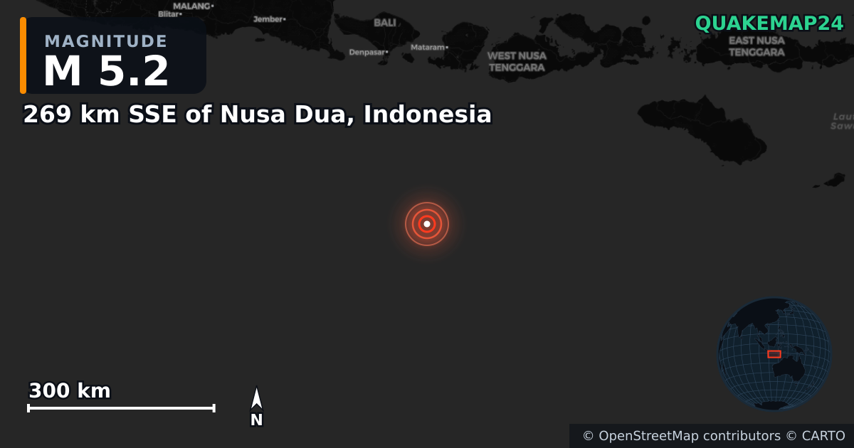 M5.2 Earthquake near 269 km SSE of Nusa Dua, Indonesia · 2025-04-17 — Map showing the location of the epicenter