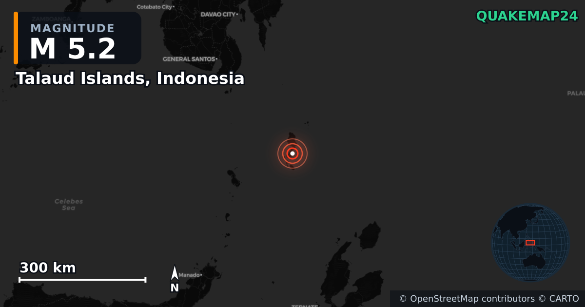 M5.2 Earthquake near Talaud Islands, Indonesia · 2025-11-15 — Map showing the location of the epicenter