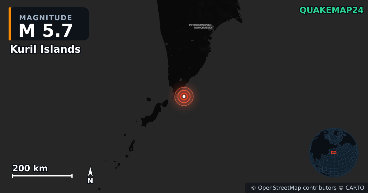 M5.7 earthquake near Kuril Islands on Aug 23, 2025 — map of epicenter and shaking intensity | QuakeMap24