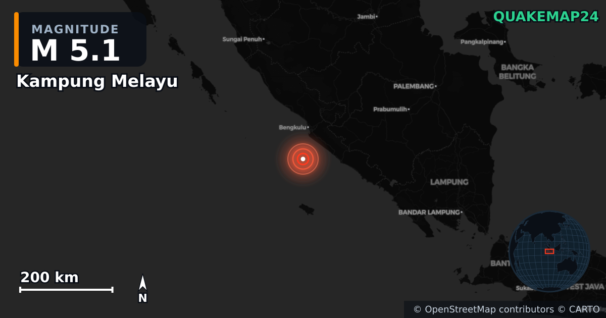 Terremoto de M5,1 cerca de Kampung Melayu, Bengkulu (Indonesia) · 2026-02-15 — Mapa de la ubicación del epicentro