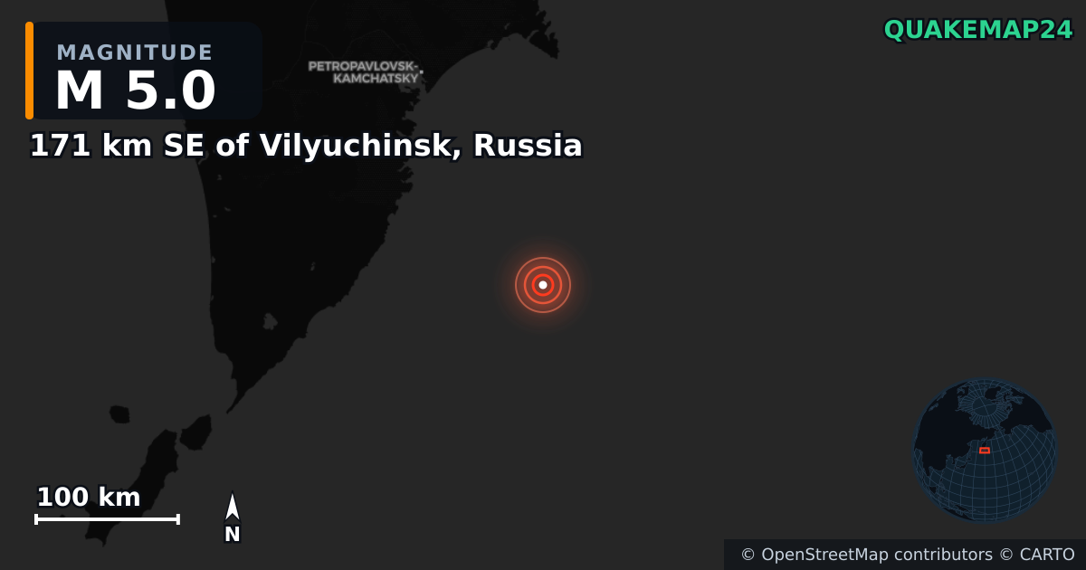 Erdbeben M5,0 bei 171 km SE of Vilyuchinsk, Russia · 2026-10-02 — Karte der Lage des Epizentrums