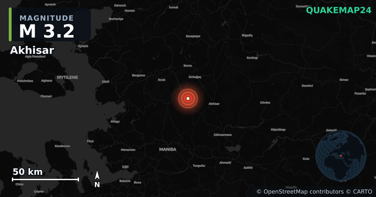 M3.2 earthquake near Akhisar on Oct 22, 2025 — map of epicenter and shaking intensity | QuakeMap24