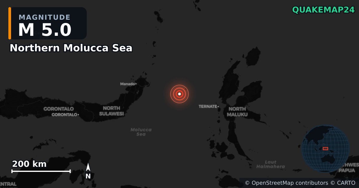 Erdbeben M5,0 bei Northern Molucca Sea — Karte der Lage des Epizentrums