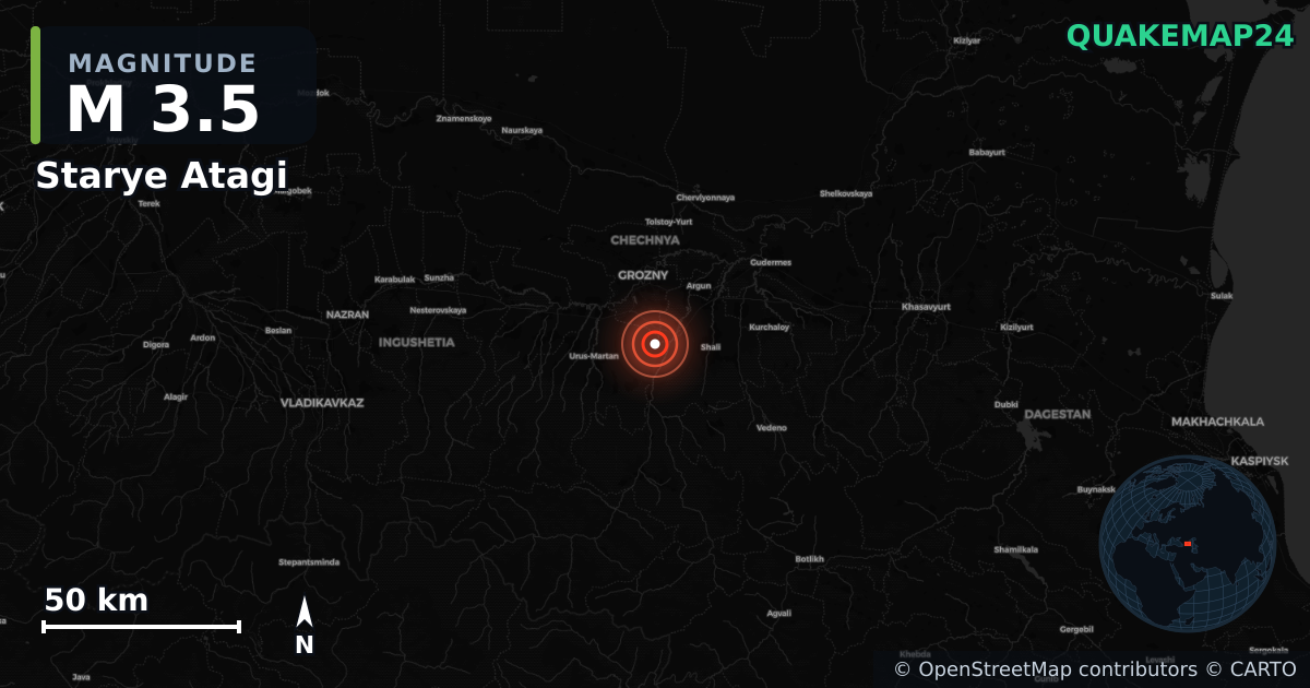 M3.5 earthquake near Starye Atagi on Jan 20, 2026 — map of epicenter and shaking intensity | QuakeMap24