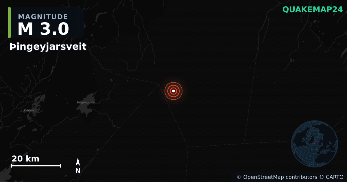 M3.0 earthquake near Þingeyjarsveit on Aug 30, 2026 — map of epicenter and shaking intensity | QuakeMap24