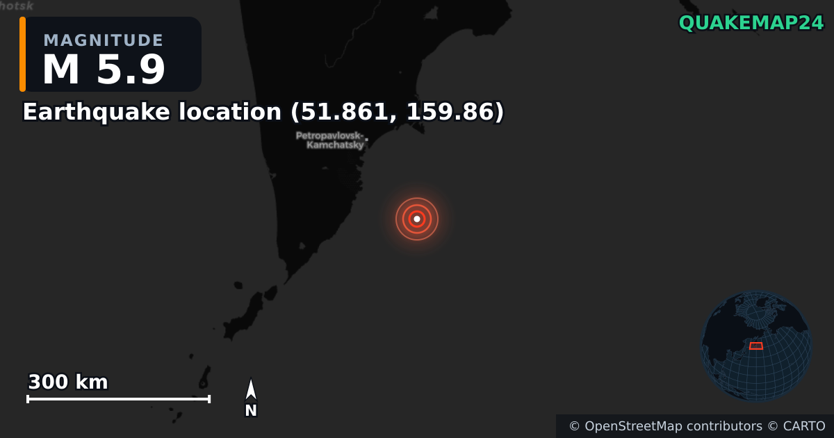 M5.9 earthquake near Τοποθεσία σεισμού (51.861, 159.86) on Jan 6, 2026 — map of epicenter and shaking intensity | QuakeMap24