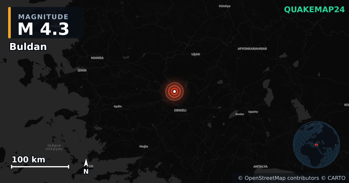 M4.3 earthquake near Buldan on Mar 9, 2026 — map of epicenter and shaking intensity | QuakeMap24
