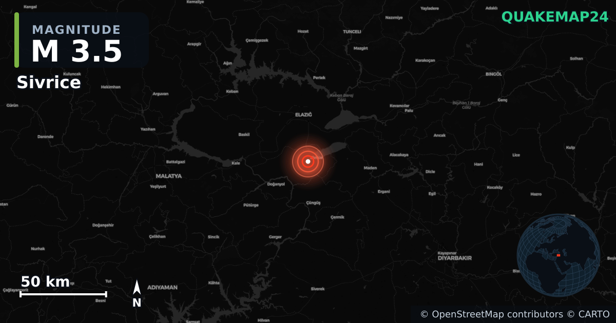 M3.5 earthquake near Sivrice on Jul 6, 2025 — map of epicenter and shaking intensity | QuakeMap24