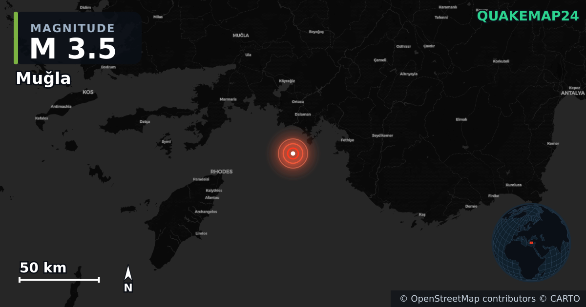 M3.5 earthquake near Muğla on Aug 10, 2026 — map of epicenter and shaking intensity | QuakeMap24