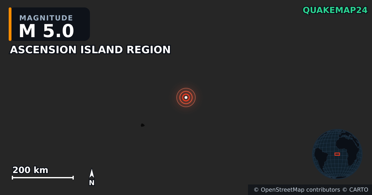 M5.0 earthquake near ASCENSION ISLAND REGION on May 19, 2025 — map of epicenter and shaking intensity | QuakeMap24