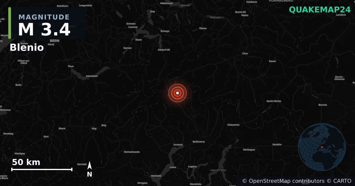 Blenio, Ticino (İsviçre) yakınında M3,4 deprem · 2026-09-25 — Deprem merkez üssünün konumunu gösteren harita