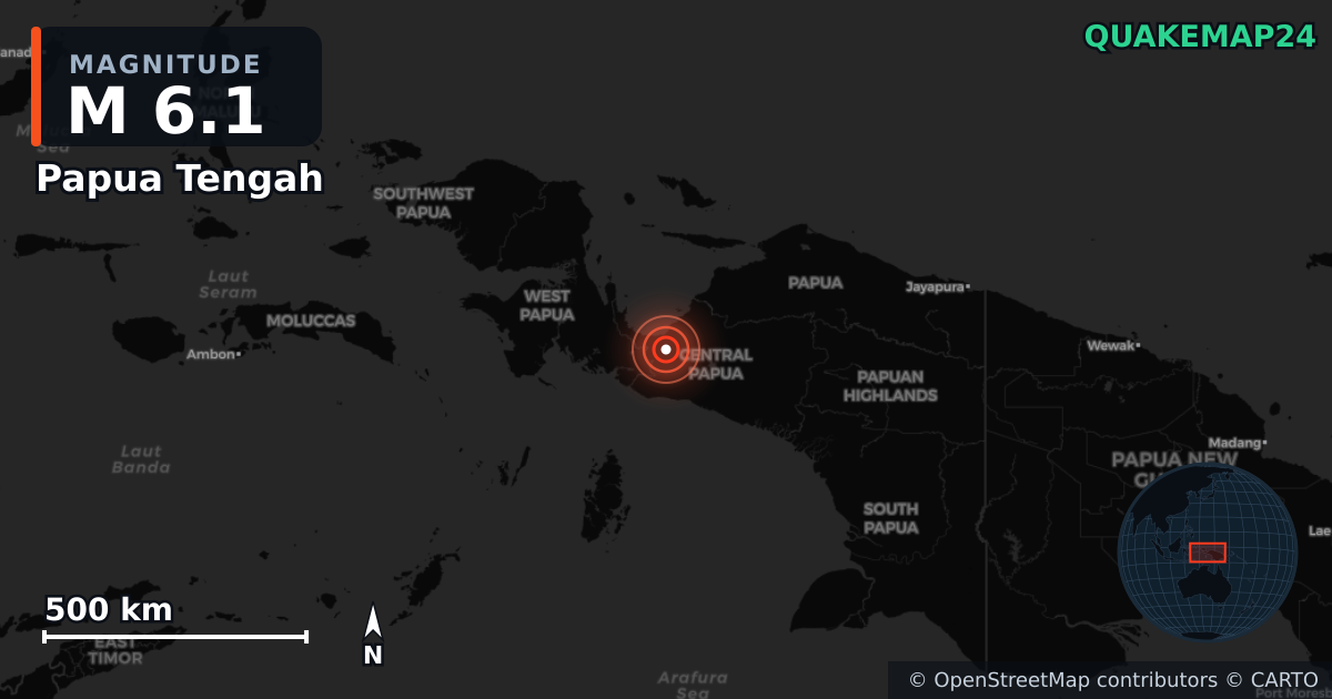 M6.1 earthquake near Papua Tengah on Sep 18, 2025 — map of epicenter and shaking intensity | QuakeMap24