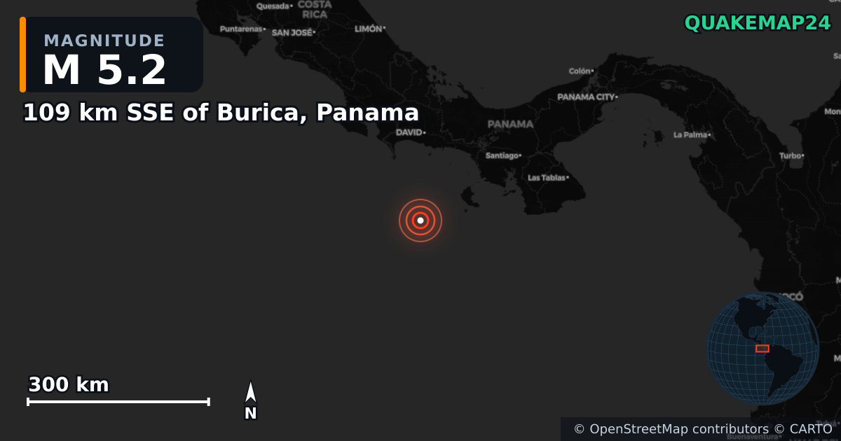 M5.2 earthquake near 109 km SSE of Burica, Panama on Mar 5, 2026 — map of epicenter and shaking intensity | QuakeMap24