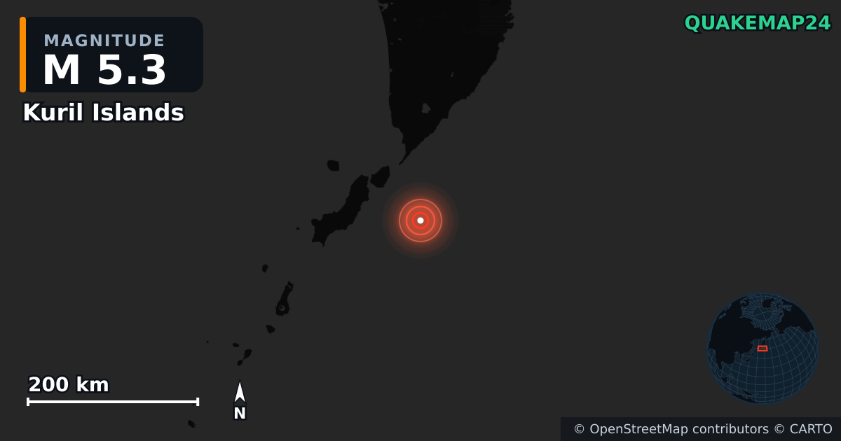 M5.3 earthquake near Kuril Islands on Oct 11, 2025 — map of epicenter and shaking intensity | QuakeMap24