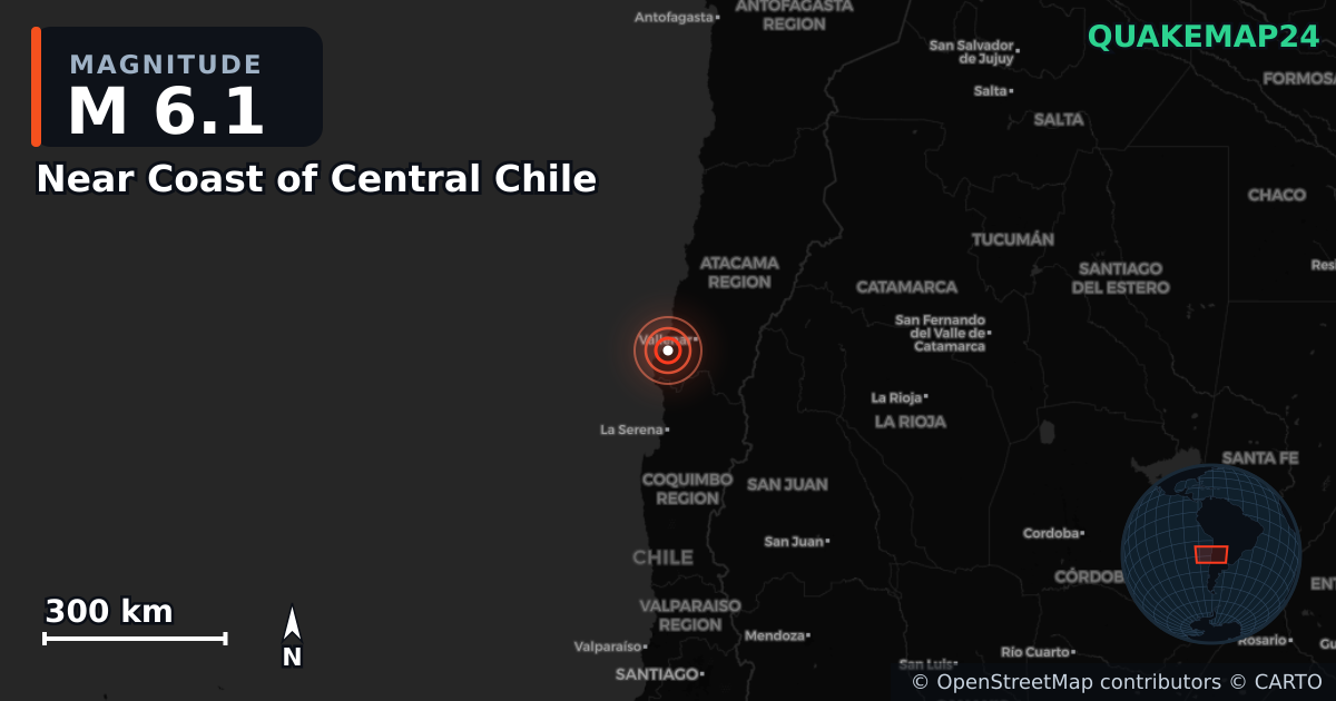 M6.1 earthquake near Near Coast of Central Chile on Mar 13, 2026 — map of epicenter and shaking intensity | QuakeMap24