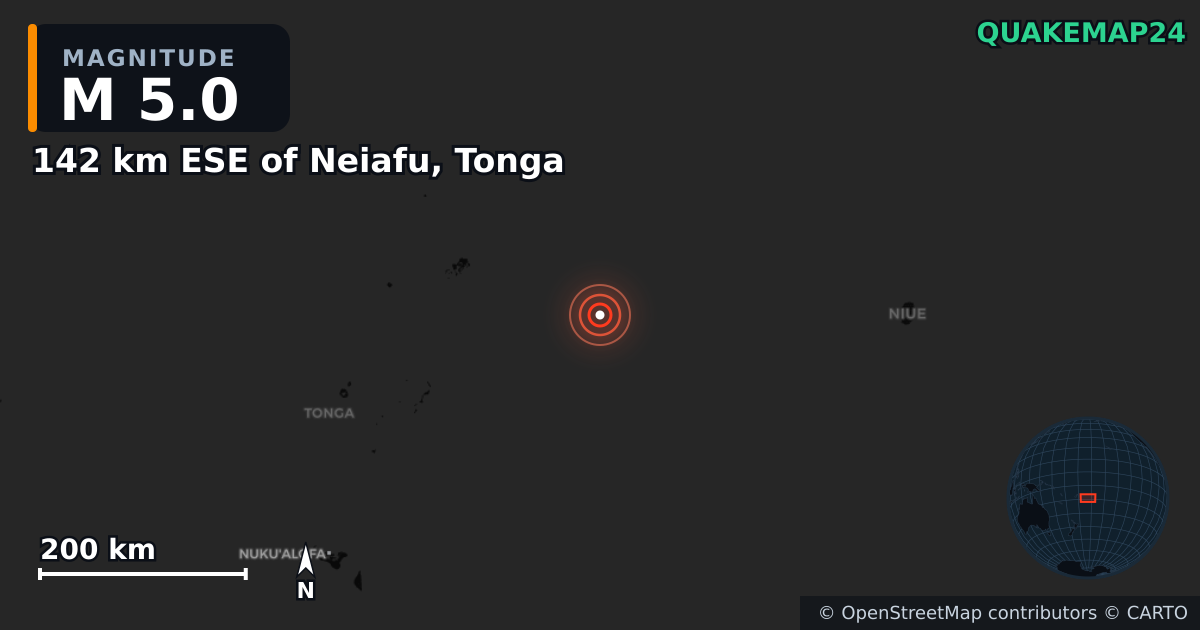 M5.0 earthquake near 142 km ESE of Neiafu, Tonga on Feb 5, 2025 — map of epicenter and shaking intensity | QuakeMap24