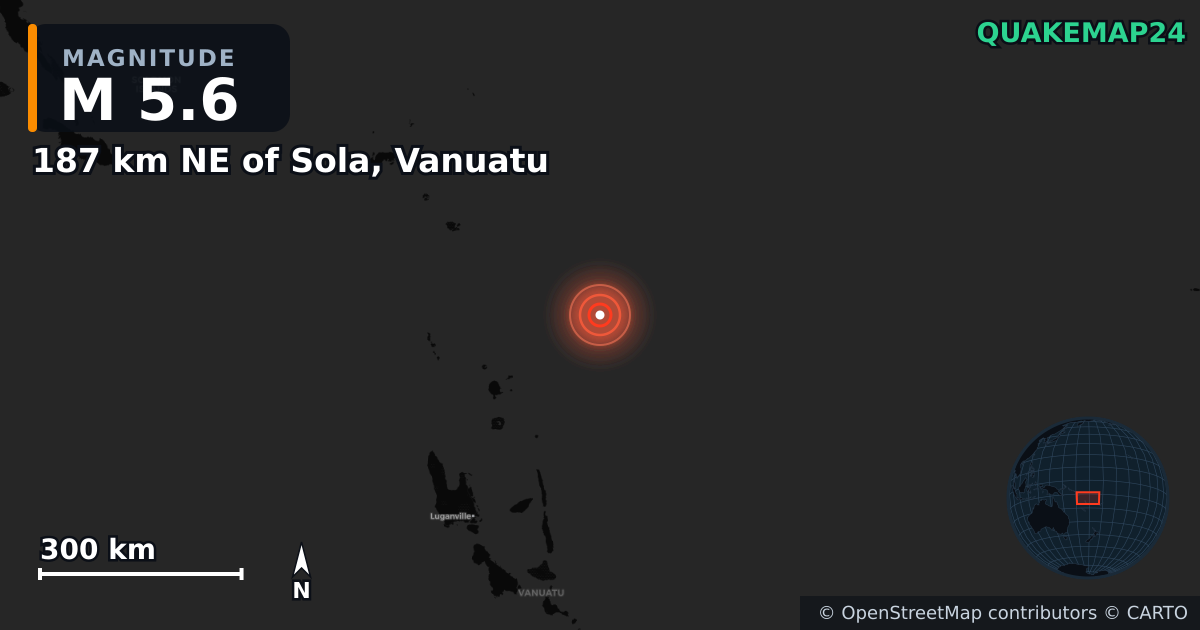 M5.6 earthquake near 187 km NE of Sola, Vanuatu on Jan 23, 2025 — map of epicenter and shaking intensity | QuakeMap24