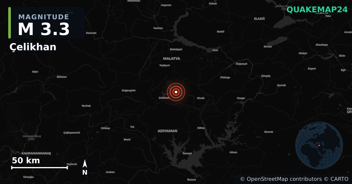 M3.3 earthquake near Çelikhan on Aug 26, 2025 — map of epicenter and shaking intensity | QuakeMap24