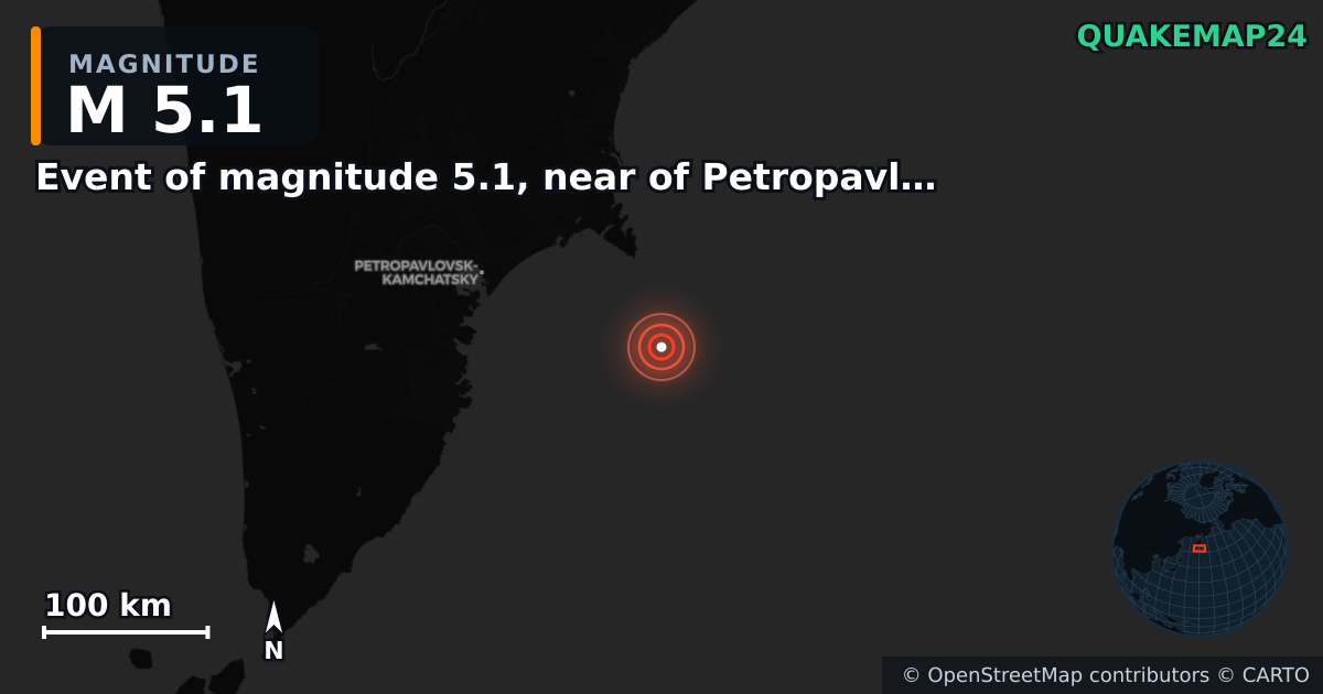 M5.1 earthquake near Event of magnitude 5.1, near of Petropavlovsk Kamchatskiy (Monde) on Sep 18, 2025 — map of epicenter and shaking intensity | QuakeMap24