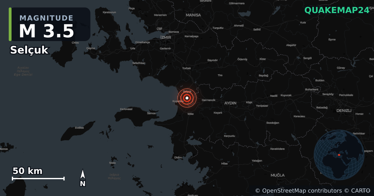 Terremoto de M3,5 cerca de Selçuk (Turquía) · 2025-12-07 — Mapa de la ubicación del epicentro