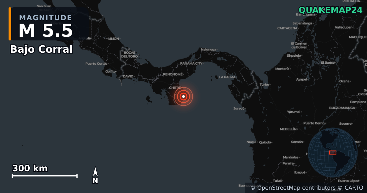 Erdbeben M5,5 bei Bajo Corral, Los Santos (Panama) · 2026-10-09 — Karte der Lage des Epizentrums