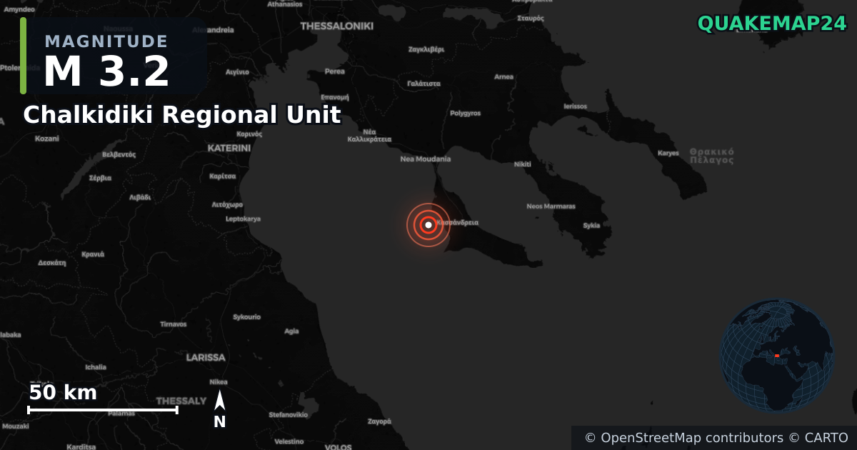 M3.2 earthquake near Kassandra Municipal Unit on Aug 8, 2026 — map of epicenter and shaking intensity | QuakeMap24