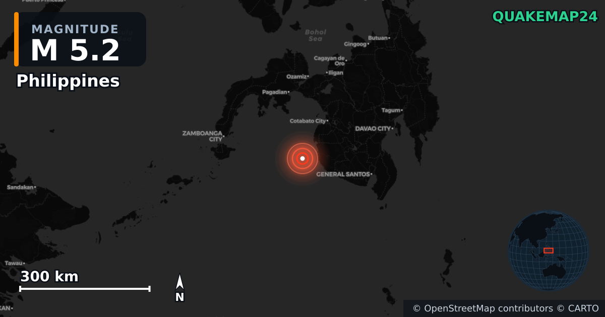 M5.2 earthquake near Philippines on Jan 19, 2026 — map of epicenter and shaking intensity | QuakeMap24
