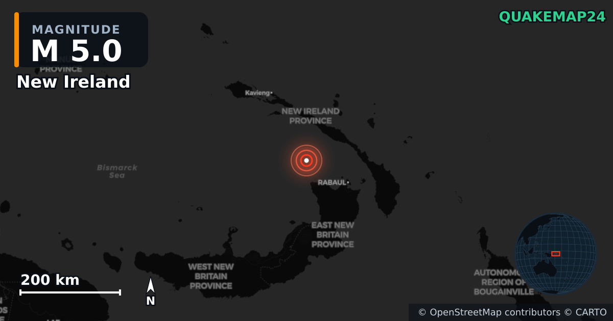 M5.0 earthquake near New Ireland on Nov 1, 2025 — map of epicenter and shaking intensity | QuakeMap24