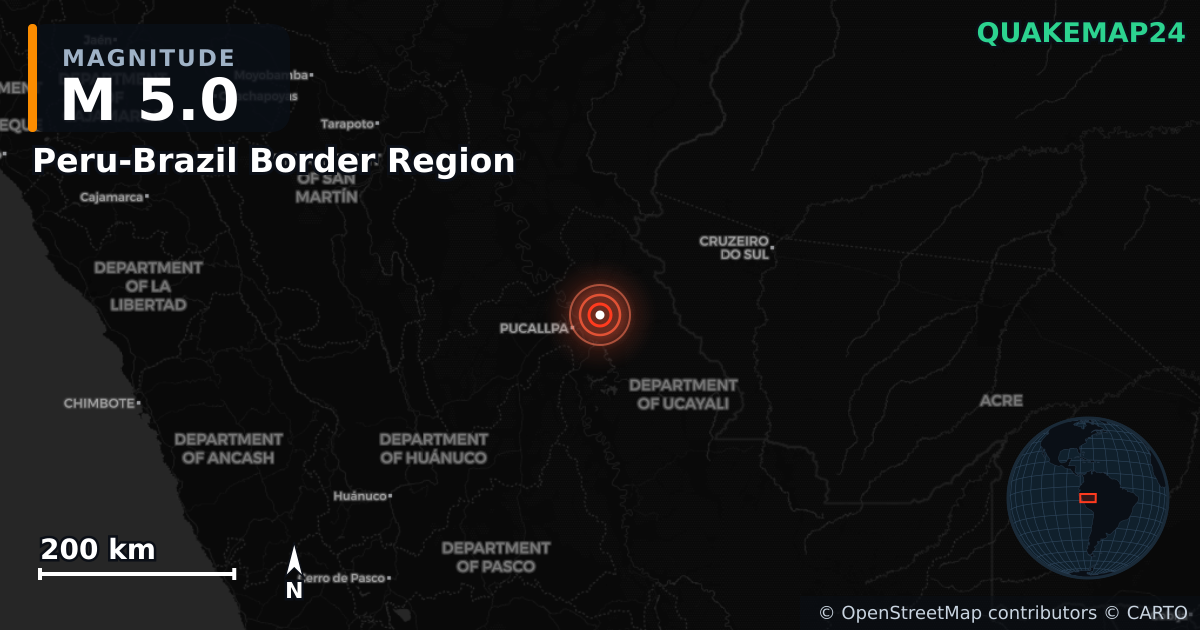 M5.0 earthquake near Peru-Brazil Border Region on Jun 3, 2026 — map of epicenter and shaking intensity | QuakeMap24