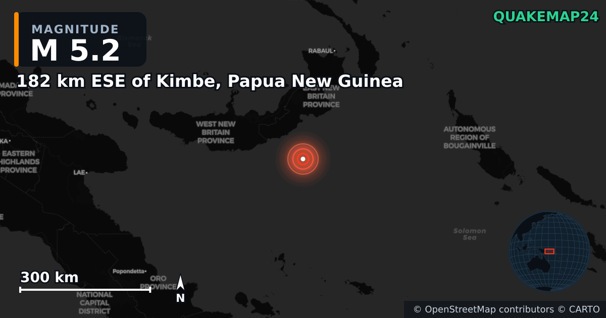 M5.2 earthquake near 182 km ESE of Kimbe, Papua New Guinea on Apr 4, 2025 — map of epicenter and shaking intensity | QuakeMap24