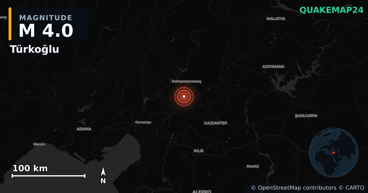 M4.0 earthquake near Türkoğlu on Oct 23, 2025 — map of epicenter and shaking intensity | QuakeMap24