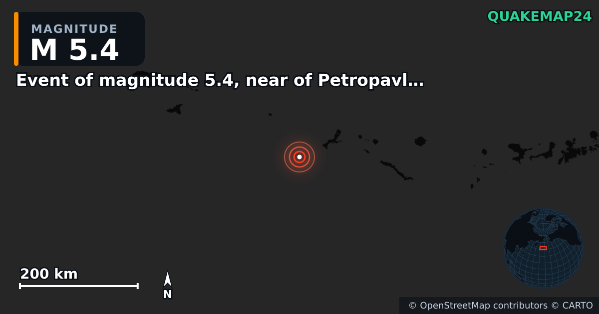 M5.4 earthquake near Event of magnitude 5.4, near of Petropavlovsk Kamchatskiy (Monde) on Jan 15, 2026 — map of epicenter and shaking intensity | QuakeMap24