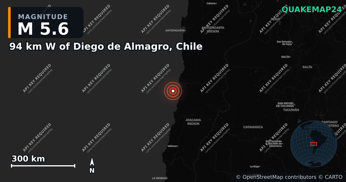 M5.6 earthquake near 94 km W of Diego de Almagro, Chile on Feb 18, 2025 — map of epicenter and shaking intensity | QuakeMap24