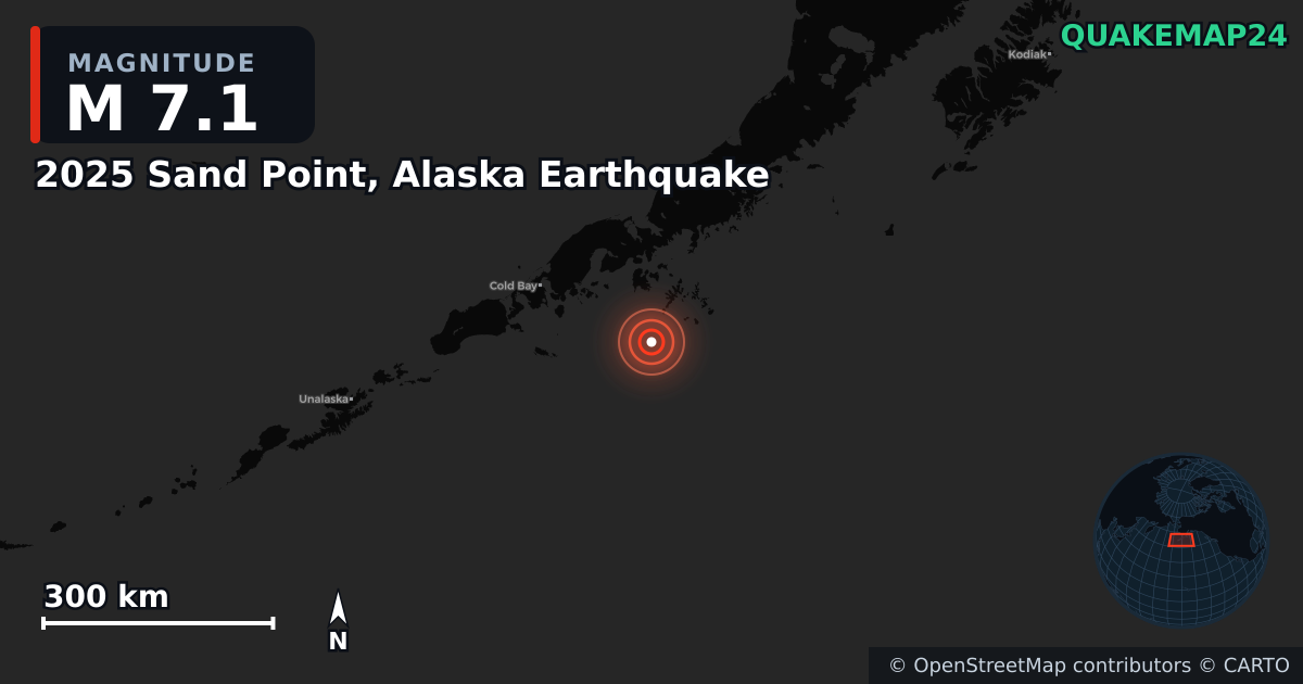 M7.1 earthquake near 2025 Sand Point, Alaska Earthquake on Jul 16, 2025 — map of epicenter and shaking intensity | QuakeMap24