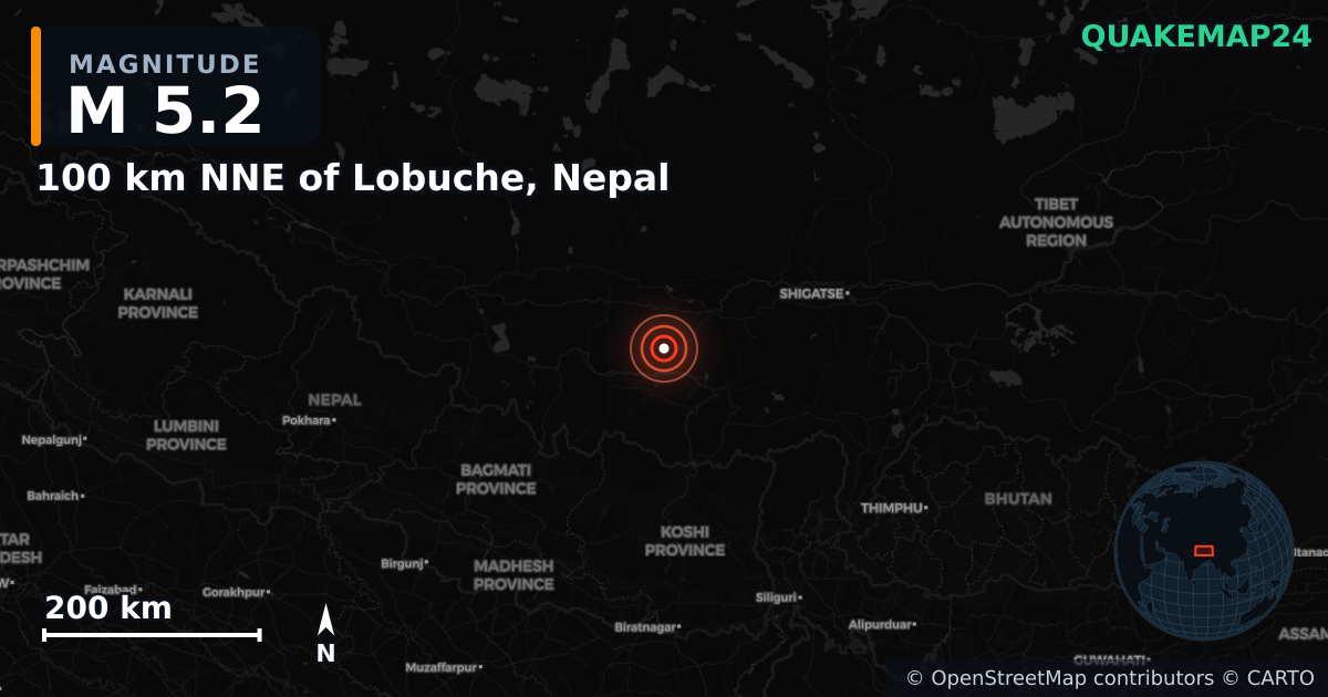 M5.2 earthquake near 100 km NNE of Lobuche, Nepal on Jan 7, 2025 — map of epicenter and shaking intensity | QuakeMap24