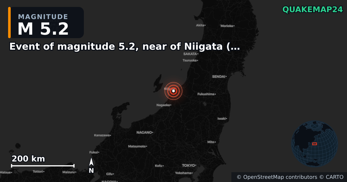 M5.2 earthquake near Event of magnitude 5.2, near of Niigata (Monde) on Feb 13, 2026 — map of epicenter and shaking intensity | QuakeMap24