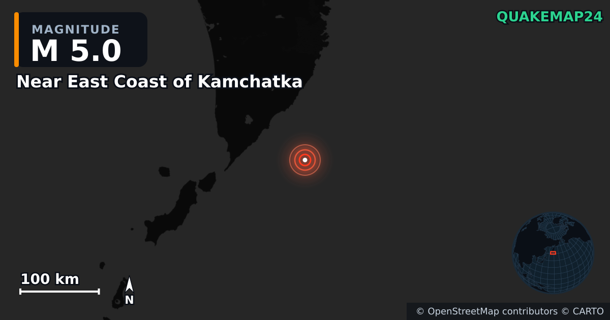 M5.0 earthquake near Near East Coast of Kamchatka on Aug 4, 2025 — map of epicenter and shaking intensity | QuakeMap24