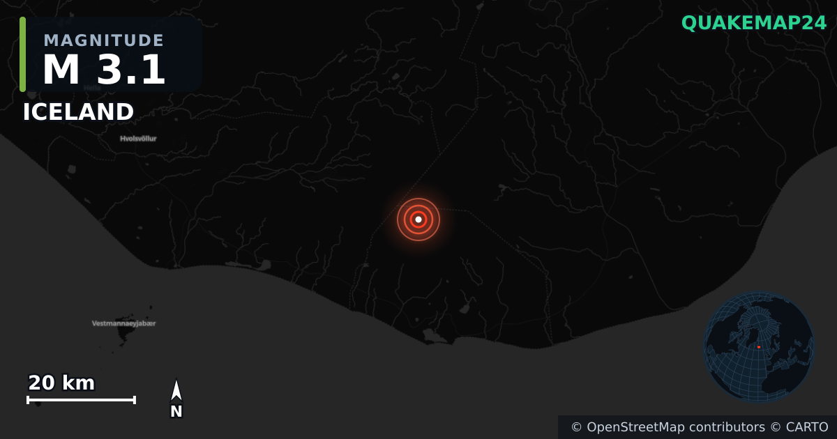 M3.1 earthquake near ICELAND on Mar 26, 2026 — map of epicenter and shaking intensity | QuakeMap24