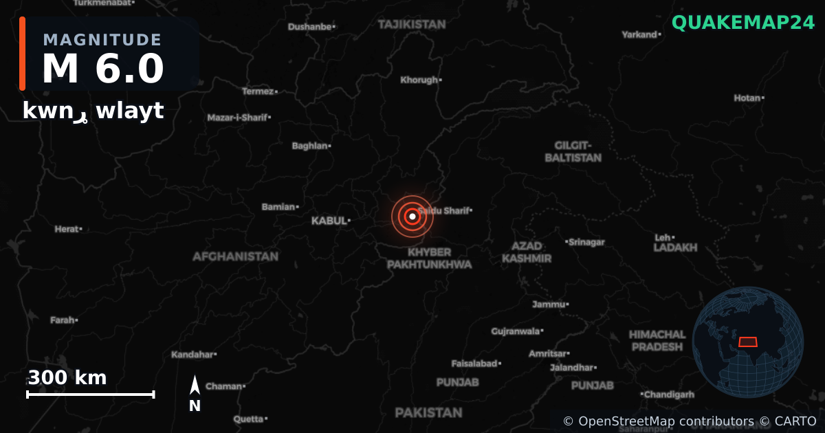 M6.0 earthquake near kwnړ wlayt on Aug 31, 2025 — map of epicenter and shaking intensity | QuakeMap24