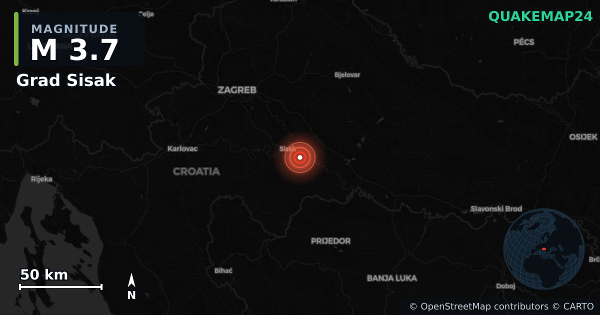 Terremoto de M3,7 cerca de Grad Sisak (Croacia) · 2026-07-30 — Mapa de la ubicación del epicentro