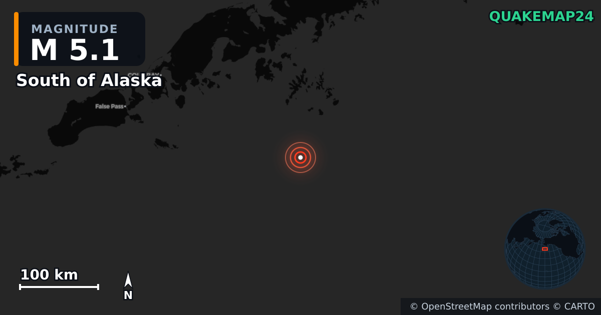 M5.1 earthquake near South of Alaska on Jan 22, 2026 — map of epicenter and shaking intensity | QuakeMap24