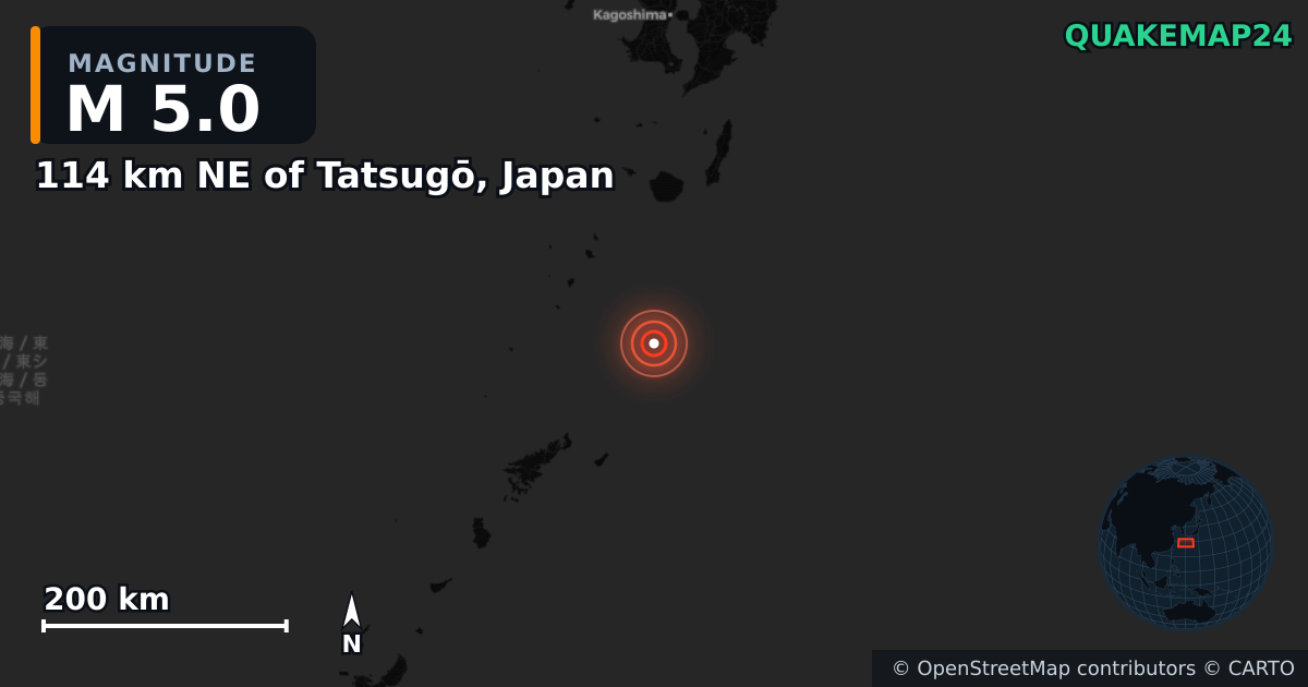 M5.0 earthquake near 114 km NE of Tatsugō, Japan on Apr 11, 2025 — map of epicenter and shaking intensity | QuakeMap24