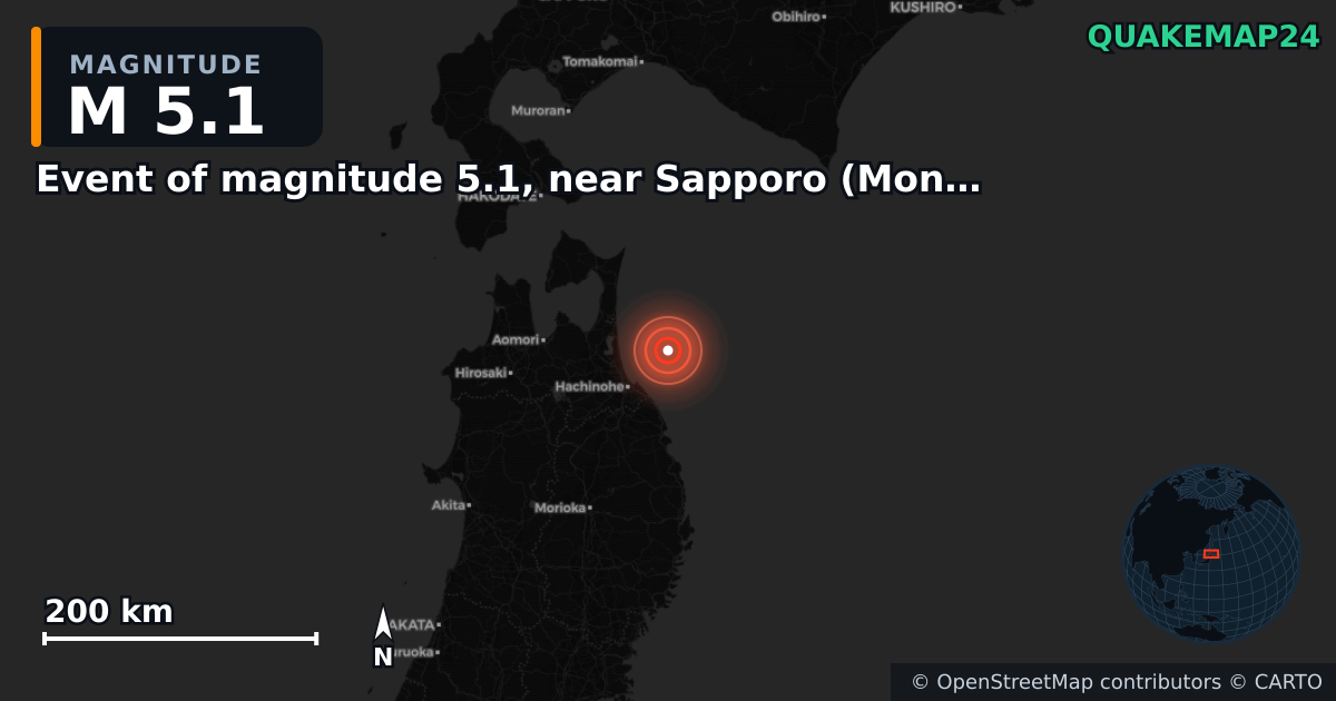 M5.1 earthquake near Event of magnitude 5.1, near Sapporo (Monde) on Jun 25, 2026 — map of epicenter and shaking intensity | QuakeMap24