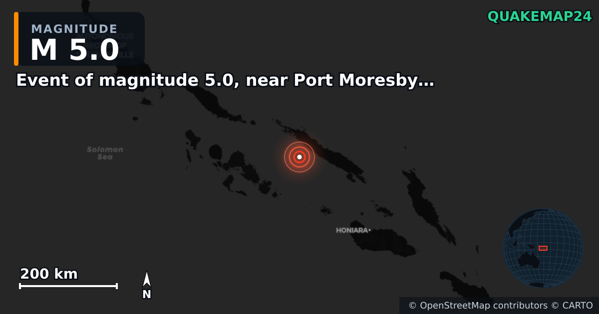 M5.0 earthquake near Event of magnitude 5.0, near Port Moresby (Monde) on Jun 5, 2026 — map of epicenter and shaking intensity | QuakeMap24